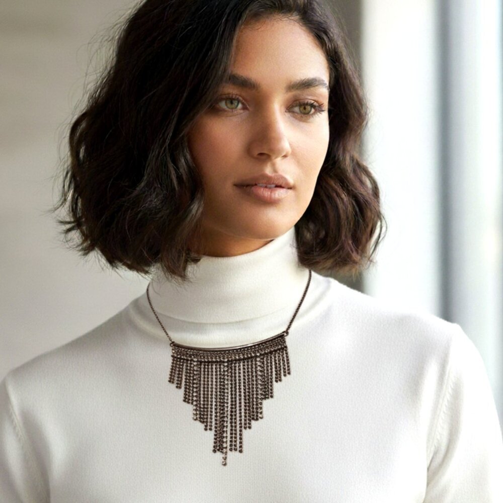 Handmade Gun Metal Rhinestone Fringe Statement Choker Fashion Necklace - Picture 8 of 8
